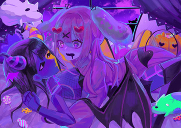 2_horns black_eyes black_hair blue_body blush bodily_fluids bottomwear breasts candy canon_x_oc cleavage clothed clothing dessert detailed_background drooling duo eyebrows female female/female fishnet_clothing fishnet_topwear floating_arms floating_head food hair horn membrane_(anatomy) membranous_wings multicolored_body open_mouth pink_hair saliva shirt skirt spade_tail striped_horn stripes tail topwear two_tone_body window wings yellow_body usagimarumei ena_(series) ena_(web_series) ena_(joel_g) mezo_(usagimarumei) animal_humanoid canid canid_humanoid canine canis demon demon_humanoid domestic_dog ena_(species) ghost humanoid lagomorph lagomorph_humanoid leporid_humanoid mammal mammal_humanoid patchwork_creature rabbit_humanoid spirit digital_media_(artwork) hi_res
