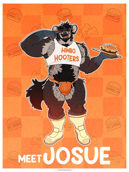 anthro beard blue_body blue_fur body_hair border brown_body brown_fur bulge burger clothing crop_top facial_hair food footwear fur hairy jockstrap licking licking_lips looking_at_viewer male mature_male multicolored_body multicolored_fur mustache orange_clothing orange_underwear pubes shirt shoes socks solo tongue tongue_out topwear underwear white_border bluesh himbo_hooters josue_(bluesh) hyena mammal absurd_res digital_media_(artwork) hi_res