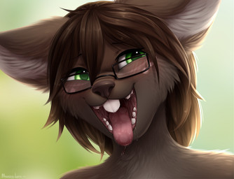 anthro blurred_background blush bodily_fluids brown_body brown_ears brown_fur brown_hair brown_nose buckteeth detailed_mouth drooling eyewear female front_view fur glasses glistening glistening_eyes glistening_hair green_eyes hair nude open_mouth rectangular_glasses saliva solo teeth bloominglynx mammal rodent sciurid tree_squirrel 2021 bust_portrait digital_media_(artwork) digital_painting_(artwork) painting_(artwork) portrait signature