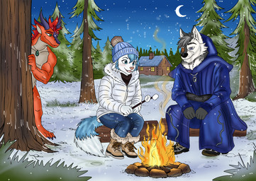 anthro beanie bonfire boots cabin candy clothing dessert detailed_background evergreen_tree eye_patch eyewear food footwear forest group hat headgear headwear jacket jacket_vest jewelry male marshmallow neck_tuft necklace outside pine_tree plant robe shoes snow snowing tail topwear tree trio tuft vest b3llaeuph0ria mythology max_kuori canid canine canis dragon fox mammal mythological_creature mythological_scalie scalie wolf absurd_res hi_res