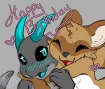 anthro arms_around_neck birthday black_nose black_sclera blue_eyes blue_horn blue_tongue brown_body brown_ears brown_fur brown_markings dialogue duo eyes_closed facial_markings female fur fur_markings gloves_(marking) grey_body grey_scales grey_tail hand_on_arm happy happy_birthday head_markings heart_symbol horn hug looking_at_another looking_back looking_back_at_another male male/female markings mask_(marking) multicolored_body multicolored_fur nude nude_anthro nude_female nude_male open_mouth round_ears scales scar snout striped_body striped_fur striped_markings striped_tail stripes tail tail_markings tan_body tan_fur tan_inner_ear text tongue two_tone_body two_tone_fur white_body white_fur honeyfox side_b yuki_(side_b) canid canine kobold mammal raccoon_dog scalie tanuki 2022 dated digital_drawing_(artwork) digital_media_(artwork) english_text hi_res signature