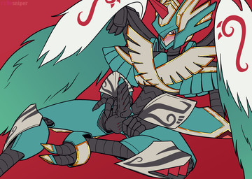 armor blush claws erection feathers feet genitals green_body green_feathers half-closed_eyes hand_on_own_penis hand_on_penis horn leaning leaning_backward looking_at_viewer machine male mask mechanical_penis metal_penis narrowed_eyes penis purple_eyes red_background simple_background sitting small_waist solo spread_legs spreading talons toes wings riflesniper bandai_namco digimon digimon_liberator digimon_(species) robot robot_anthro zephagamon