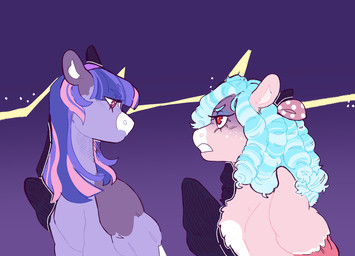 chest_tuft duo female feral glare horn looking_at_another simple_background tuft wings orphicswanart friendship_is_magic hasbro my_little_pony mythology cozy_glow_(mlp) twilight_sparkle_(mlp) equid equine mammal mythological_creature mythological_equine pegasus winged_unicorn hi_res