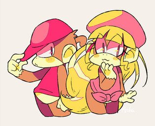 blonde_hair blush border bottomless brown_border clothed clothing duo female fur hair hat headgear headwear long_hair male simple_background tailless ajuka donkey_kong_(series) nintendo diddy_kong dixie_kong haplorhine mammal monkey primate 2019