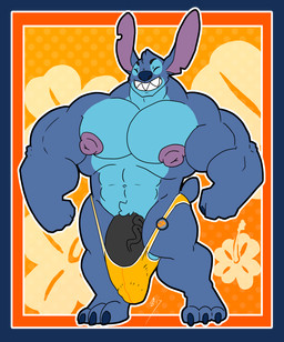 3_toes 4_fingers abs anthro anthrofied balls barely_contained barely_contained_penis biceps big_ears big_muscles big_nipples big_penis biped black_penis blue_body blue_fur blue_nose border bulge claws clothed clothing dotted_background eyes_closed feet fingers fur genitals half-erect huge_muscles huge_nipples huge_penis hyper hyper_muscles male muscular muscular_anthro muscular_male nipples notched_ear orange_background outline pattern_background pecs penis penis_base pink_nipples sharp_teeth simple_background small_tail smile solo standing tail teeth thick_penis thong thong_only toe_claws toes topless transparent_border underwear underwear_only vein veiny_penis kokoro-doll disney lilo_and_stitch stitch_(lilo_and_stitch) alien experiment_(lilo_and_stitch) 2017 alpha_channel hi_res signature