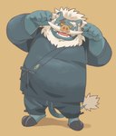 anthro asian_clothing belly big_belly blue_body clothing east_asian_clothing humanoid_hands japanese_clothing kemono male mature_male overweight overweight_male simple_background solo garouzuki crave_saga raikiri_(crave_saga) mammal suid suine sus_(pig) wild_boar 2023 hi_res