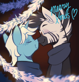blue_body duo eyes_closed garland hair holidays horn male male/male nose_to_nose nuzzling romantic romantic_couple scarf text white_hair christmas hasbro my_little_pony mythology dashing equid equine mammal mythological_creature mythological_equine unicorn zebra hi_res