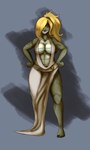 big_breasts blonde_hair breasts cleavage clothed clothing female front_view green_body green_scales grey_background hair hair_over_eye hand_on_hip long_hair one_eye_obstructed ponytail red_eyes scales simple_background smile solo tan_dress thick_thighs wide_hips fimp dungeons_and_dragons hasbro wizards_of_the_coast animal_humanoid humanoid reptile reptile_humanoid scalie scalie_humanoid snake_humanoid yuan-ti hi_res