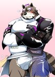 anthro blush bulge clothing detailed_bulge duo eyewear glasses heart_symbol kemono male overweight overweight_male simple_background solo_focus underwear bearlovestiger13 lifewonders live_a_hero viscunam mammal procyonid raccoon 2022 hi_res