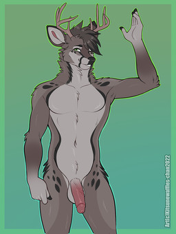 5_fingers anthro antlers balls biped border fingers genitals gesture glans gradient_background green_background green_border green_eyes half-erect horn humanoid_genitalia humanoid_penis male navel neck_tuft nude one_eye_closed penis pink_penis simple_background solo standing text tuft vein veiny_penis waving kitsunewaffles-chan kaiden_(weebie_jeebies) deer mammal 2022 artist_name dated digital_media_(artwork) portrait three-quarter_portrait