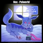 ambiguous_gender bed bedroom bedroom_eyes big_ears big_tail blue_body blue_fur condom feral fur furniture narrowed_eyes night red_eyes seductive sexual_barrier_device solo tail vavacung palworld pocketpair canid canine fox mammal nox_(pal) pal_(species) 1:1 hi_res