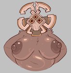 anthro areola arm_tuft belly big_areola big_breasts big_nipples bodily_fluids breasts brown_areola brown_body brown_fur brown_nipples chest_tuft female female_anthro front_view fur glistening glistening_body huge_areola huge_nipples mask mask_only navel nipple_dip nipples nude overweight overweight_anthro overweight_female shoulder_tuft simple_background solo sweat sweaty_breasts tuft conditional_dnp welwraith outer_wilds solanum_(outer_wilds) bovid caprine goat mammal nomai 2025 digital_drawing_(artwork) digital_media_(artwork) half-length_portrait portrait