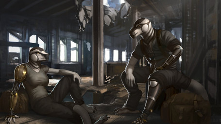 1_artificial_limb 2_artificial_limbs 3_toes 5_fingers amputee anthro apocalypse bionics breasts claws clothing cybernetics cyberpunk damaged dieselpunk disability duo feet female fingers machine male non-mammal_breasts plantigrade pupils resting ruins slit_pupils toes yellow_eyes loculi javan merasari cyborg lizard reptile scalie 16:9 widescreen