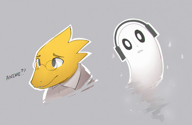 ambiguous_gender anthro black_sclera clothed clothed_anthro clothing coat electronics eyewear glasses grey_background headphones lab_coat question_mark simple_background solo topwear wearing_glasses white_body yellow_body notglacier undertale undertale_(series) alphys napstablook ghost reptile scalie spirit 2015 bust_portrait digital_drawing_(artwork) digital_media_(artwork) english_description hi_res portrait female_(lore)