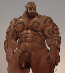 5_fingers abs areola bald biceps big_muscles big_penis brown_eyes brown_markings ear_piercing ear_ring facial_piercing fangs fingers flaccid foreskin front_view genitals grey_background humanoid_genitalia humanoid_hands humanoid_penis humanoid_pointy_ears lip_piercing looking_at_viewer male markings muscular muscular_humanoid muscular_male navel nipple_piercing nipple_ring nipples nose_piercing nose_ring not_furry nude pecs penis piercing pink_nipples pointy_ears ring_piercing simple_background solo standing symbol tan_body tan_nose tan_penis tan_skin tattoo teeth thick_thighs triceps tusks vein veiny_penis zoroj blizzard_entertainment warcraft garrosh_hellscream humanoid orc hi_res