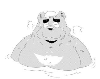 anthro bathing biped eyes_closed kemono male overweight overweight_male solo towel suishou0602 bear mammal 2023 monochrome
