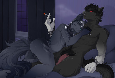 5_fingers abs after_sex after_sex_smoking anthro areola bed black_body black_fur black_hair black_nipples black_vulva bodily_fluids breasts cigarette cuddling curtains duo eyes_closed female fingers fur furniture genital_fluids genitals grey_body grey_fur hair half-closed_eyes male male/female narrowed_eyes nipples nude penis red_eyes smile smoking sweat vaginal_fluids vulva white_hair window gerdeer canid canine mammal 2022 digital_media_(artwork)