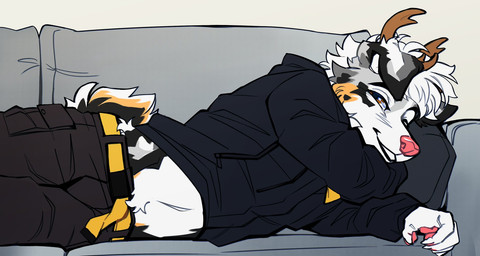 anthro athletic athletic_anthro athletic_male biped black_clothing black_hoodie black_topwear clothing fur furniture hoodie looking_at_viewer lying lying_on_sofa male on_sofa sofa solo topwear white_body white_fur remiyell deer mammal 2024 hi_res