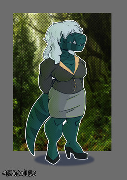 anthro big_breasts biped black_clothing black_footwear black_high_heels black_shirt black_topwear border bottomwear breasts clothed clothed_anthro clothed_female clothing collared_shirt dress_shirt female footwear forest forest_background front_view grey_border grey_bottomwear grey_clothing grey_hair grey_skirt hair hair_over_eyes high_heels long_hair markings non-mammal_breasts outline pencil_skirt photo_background plant pose shadow sharp_teeth shirt shoes skirt smile snaggle_tooth solo standing striped_markings stripes tail teal_body teeth text topwear tree white_outline eddodoodle primal_(series) fang_(primal) dinosaur prehistoric_species reptile saurischian scalie theropod tyrannosaurid tyrannosauroid tyrannosaurus tyrannosaurus_rex 2026 absurd_res artist_name colored full-length_portrait hi_res mixed_media photography_(artwork) portrait shaded