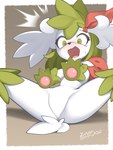 antlers bodily_fluids female feral fur green_eyes green_hair hair horn lying on_back open_mouth shocked simple_background solo tail tears white_body white_fur white_tail zinfyu nintendo pokemon generation_4_pokemon legendary_pokemon pokemon_(species) shaymin sky_forme_shaymin absurd_res hi_res