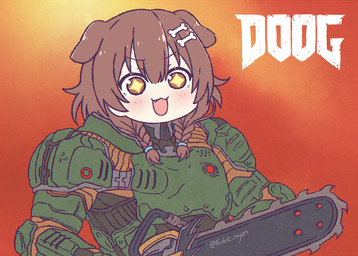 accessory chainsaw clothing female green_clothing hair hair_accessory multicolored_clothing open_mouth power_tool solo text tools kukie_nyan doom_(series) hololive id_software microsoft vtuber inugami_korone animal_humanoid canid canid_humanoid canine canine_humanoid dog_humanoid humanoid mammal mammal_humanoid 2020