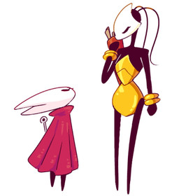 antennae_(anatomy) anthro armor arthropod_abdomen black_body cloak cloak_only clothing duo featureless_feet feet female gold_(metal) horn mask size_difference 87_god hollow_knight:_silksong hollow_knight_(franchise) team_cherry hornet_(hollow_knight) shakra_(hollow_knight:_silksong) arthropod hi_res