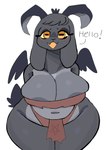 anthro areola areola_slip big_areola big_breasts biped bra breasts clothed clothing countershade_torso countershading cross-eyed curvy_figure dark_eyelids dark_horn dark_tail dark_wings dialogue female floppy_ears front_view fur glistening glistening_breasts greeting grey_body grey_countershading grey_fur hair horizontal_pupils horn huge_thighs leaning leaning_forward looking_at_viewer monotone_body monotone_fur occult_symbol open_mouth orange_eyes pentagram pupils red_bra red_clothing red_underwear simple_background slightly_chubby solo standing symbol talking_to_viewer text thick_thighs underwear voluptuous white_background wide_hips yellow_sclera fluffqween ester_(fluffqween) bovid caprine caprine_demon demon goat goat_demon mammal 2022 digital_media_(artwork) english_text hi_res portrait shaded three-quarter_portrait