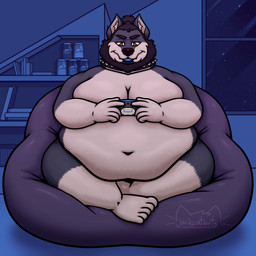 5_fingers 5_toes anthro bean_bag beard belly beverage_can big_belly black_beard black_eyebrows black_facial_hair black_hair black_nose blep blue_tongue brown_eyes collar controller deep_navel eyebrows facial_hair feet fingers fur game_controller gloves_(marking) grey_body grey_fur hair holding_object inside leg_markings male markings moobs multicolored_body multicolored_fur navel night obese obese_anthro obese_male overweight overweight_anthro overweight_male shelf sitting socks_(marking) solo spiked_collar spikes toes tongue tongue_out window jackcatarts canid canine canis mammal wolf 1:1 absurd_res hi_res shaded