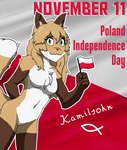 5_fingers :3 anthro averi_(fiddleafox) brown_body brown_fur canid canine casual_nudity chest_tuft conditional_dnp dipstick_tail english_text female female_anthro fingers flag flag_(object) flag_background fox fur green_eyes hair hi_res holding_flag holding_object holidays kamilsohn mammal markings national_independence_day_(poland) poland poster poster_template red_fox signature solo tail tail_markings text true_fox tuft white_body white_fur