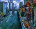 4_toes 5_fingers anthro barefoot biped canal detailed_background feet fingers fur gun hair male open_mouth ranged_weapon solo stripes teeth toes weapon flashw felid mammal pantherine tiger 2014 digital_media_(artwork) digital_painting_(artwork)