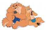 anthro back_to_back biceps big_bulge big_muscles black_nose blue_eyes boxer_briefs brown_body brown_fur bulge cellphone chest_tuft claws clothed clothing countershading duo electronics fur inner_ear_fluff male muscular muscular_male pawpads pecs phone simple_background sitting size_difference tan_body tan_fur toe_claws topless tuft underwear white_background takemoto_arashi otake takemoto canid canine canis domestic_dog mammal 2017