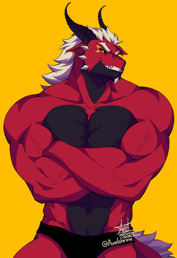 abs anthro barazoku big_muscles biped black_clothing black_horn black_sclera black_underwear chin_spikes clothed clothing crossed_arms curved_horn ear_piercing eye_markings facial_spikes front_view grin grinning_at_viewer hair horn jaw_spikes male male_anthro markings muscular muscular_arms muscular_male navel pantsless pecs piercing red_body simple_background smile smiling_at_viewer solo spikes spikes_(anatomy) tail_mane text topless topless_anthro topless_male topwear underwear underwear_only vein veiny_muscles white_hair white_spikes yellow_background yellow_markings axelshrine mythology magnus_(axelshrine) dragon mythological_creature mythological_scalie scalie wingless_dragon 2025 dated digital_media_(artwork) hi_res signature url