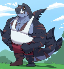 anthro barefoot black_sclera bottomwear clothed clothing day dorsal_fin fangs feet fin grass hand_on_hip male muscular muscular_anthro muscular_arms muscular_male nipples non-mammal_nipples noticing orange_eyes outside plant red_bottomwear red_clothing red_shorts scar scars_all_over shark_tail shirt shorts sky smile solo standing tail tank_top teeth thick_tail topwear white_clothing white_shirt white_topwear same22shark nelson_(same22shark) aquatic fish shark 2022 digital_media_(artwork) full-length_portrait hi_res portrait