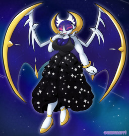 anthro anthrofied big_breasts black_clothing black_dress bracelet breasts clothing cosmic_background dress female footwear gold_(metal) gold_body gold_bracelet gold_jewelry golden_high_heels high_heels huge_breasts jewelry one_eye_closed pokemorph purple_eyes shoes sky solo star starry_background starry_body starry_dress starry_sky white_body wink sawcraft1 nintendo pokemon luna_(al33444) generation_7_pokemon legendary_pokemon lunala pokemon_(species) 2026 absurd_res hi_res