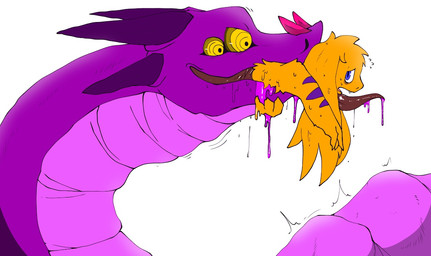 4_eyes abdominal_bulge ambiguous_gender anthro big_ears bodily_fluids colored_saliva dripping drooling duo feral feral_pred fur horn multi_eye neck_bulge on_tongue open_mouth oral_vore partially_inside purple_body purple_horn purple_saliva saliva saliva_drip simple_background size_difference smile swallowing tongue tongue_out unusual_bodily_fluids unusual_saliva vore yellow_body yellow_eyes misoden mythology dracon_(misoden) sapla_(character) dragon mammal mythological_creature mythological_scalie scalie digital_media_(artwork)