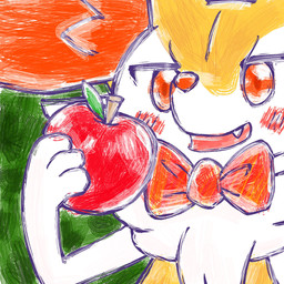ambiguous_anthro ambiguous_gender anthro apple biped blush blush_stickers bow_tie cute_fangs fangs food front_view fruit holding_apple holding_food holding_fruit holding_object leaf open_mouth open_smile plant simple_background smile snout solo teeth annyui0611 nintendo pokemon braixen canid generation_6_pokemon mammal pokemon_(species) 1:1 2024 bust_portrait digital_drawing_(artwork) digital_media_(artwork) hi_res japanese_description portrait translated_description