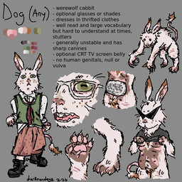 all_fours anthro black_eyewear black_sunglasses boots bottomwear breasts buckteeth circle_eyebrows claws clothed clothing clothing_lift collared_shirt dark_body dark_skin electronics eyebrows eyewear female footwear freckled_face freckles fur glasses green_eyes grey_background horizontal_pupils layered_clothing long_tail looking_at_viewer mottled mottled_nose multi_breast multi_nipple multicolored_body multicolored_fur navel necktie nipples null_bulge open_mouth pawpads paws pubes pupils rabbit_ears red_eyes scar screen shirt shoes simple_background skirt solo spurs standing static sunglasses tail tail_tuft teeth television text topwear tuft vest vitiligo wearing_glasses whiskers white_body white_fur darkcyndoge hybrid lagomorph mammal werecreature 1:1 english_text model_sheet