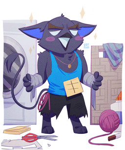 3_toes 4_fingers anthro bandage barefoot beak biped black_beak black_body black_bottomwear black_clothing black_fur black_pants black_tail black_tail_tuft blue_clothing blue_shirt blue_tank_top blue_topwear blush bottomwear claws clothed clothed_anthro clothed_male clothing cosplay costume ears_down empty_eyes eyebrows feet fingers fur glowing glowing_eyes half-closed_eyes hindpaw jewelry male male_anthro narrowed_eyes necklace open_beak open_mouth pants paws pivoted_ears post-it_note purple_inner_ear scissors semi-anthro shirt solo standing tail tail_tuft tank_top thick_eyebrows toe_claws toes topwear tuft white_eyes yarn 8bitkoiart deadlock_(game) mythology valve rem_(deadlock) the_lash avian chimera dream_creature gryphon mythological_avian mythological_creature 2026 absurd_res hi_res