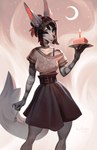 anthro black_bottomwear black_clothing black_hair black_skirt black_stripes blue_eyes bottomwear bra breasts cake candle clothed clothing cutlery dessert dish female fluffy fluffy_tail food fork fur hair holding_object kitchen_utensils looking_at_viewer moon simple_background skirt smile solo standing striped_body striped_fur stripes tail tail_under_skirt tools topwear underwear white_body white_clothing white_fur white_topwear bonifasko bonika_(bonifasko) canid canine canis mammal 2021 digital_media_(artwork) hi_res