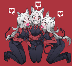 clothed clothing female group heart_symbol open_mouth red_background simple_background smile spade_tail tail trio kyo_hei helltaker cerberus_(helltaker) animal_humanoid canid canid_humanoid canine canine_humanoid demon demon_humanoid dog_humanoid humanoid mammal mammal_humanoid hi_res