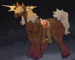 ambiguous_gender brown_body brown_fur feral fur grey_hair hair hair_over_eyes halo mane quadruped saddle solo catjam_(artist) nikto_(catjam) equid equine horse mammal hi_res