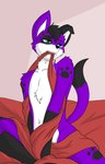 anthro bed bed_sheet bedding belly black_hair blue_eyes blush floppy_ears footprint fur furniture hair male markings pawprint pawprint_(marking) purple_body purple_fur solo trapped white_belly minila pawalo canid canine canis domestic_dog elkhound mammal spitz