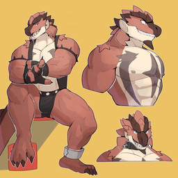 4_fingers abs anklet anthro bedroom_eyes black_markings bulge clothing collar countershading fangs fingerless_gloves fingers gloves half-closed_eyes handwear inviting jacket jewelry leather leather_clothing leather_daddy leather_jacket leather_speedo leather_topwear leather_vest looking_at_viewer male markings muscle_tone muscular muscular_anthro muscular_male narrowed_eyes nipple_piercing nipples non-mammal_nipples open_mouth open_smile pecs piercing red_body red_scales scales seductive sharp_teeth simple_background smile smirk smug smug_face smug_grin solo teeth topwear vest white_body white_scales yellow_background jrjresq capcom monster_hunter flying_wyvern rath_wyvern rathalos 1:1 hi_res