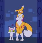 ambiguous_gender anthro breasts duo female fur genitals glowing glowing_eyes hypnosis mind_control nipples pigeon_toed pink_eyes pussy size_difference smile spiral_eyes white_body white_fur wide_hips yellow_body yellow_fur outletdraws bandai_namco digimon canid canine digimon_(species) felid feline gatomon mammal renamon 2017 2d_animation animated short_playtime subtle_animation