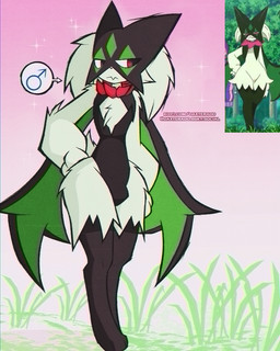 anthro biped bulge clothed clothed_anthro clothed_male clothing femboy fur green_body green_fur male male_anthro multicolored_body multicolored_fur solo standing text daxterado nintendo pokemon generation_9_pokemon meowscarada pokemon_(species) 2026 4:5 hi_res url