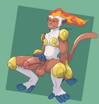 accessory anthro balls bedroom_eyes big_penis bodily_fluids fire generation_4_pokemon genital_fluids genitals hi_res humanoid_genitalia infernape male narrowed_eyes nintendo open_mouth penis pinup pokemon pokemon_(species) pose precum seductive sitting solo tail trashy_jokester