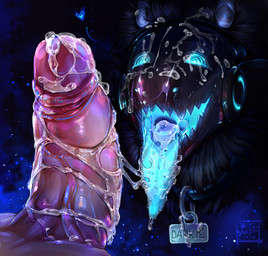 after_fellatio after_oral after_sex ambiguous_gender anthro bodily_fluids collar cum cum_everywhere drooling duo genital_fluids genitals heart_symbol human_on_anthro human_on_robot humanoid_genitalia humanoid_penis interspecies machine male male/ambiguous messy name_tag open_mouth penis saliva smile tongue tongue_out koteiko_ko human mammal protogen hi_res