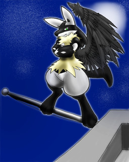 alternate_color anthro dark feathered_wings feathers fur green_eyes looking_at_viewer male moon night on_roof outside pole rooftop sky solo tail wings grinex nintendo pokemon canid canine generation_4_pokemon lucario mammal pokemon_(species)