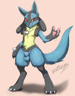 animal_genitalia anthro balls biped black_body black_fur blue_body blue_fur claws cocky finger_claws fluffy fully_sheathed fur genitals glowing glowing_markings grin looking_at_viewer male markings pawpads paws pose red_eyes sheath smile smiling_at_viewer smirk smirking_at_viewer solo spikes standing tail toe_claws yellow_body yellow_fur wolfrayay nintendo pokemon generation_4_pokemon lucario pokemon_(species) hi_res