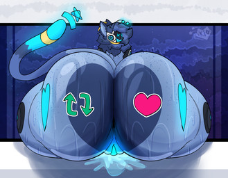 andromorph antennae_(anatomy) anthro big_butt bodily_fluids butt cat_tail ear_piercing eye_scar facial_scar freckled_back freckled_butt freckled_legs freckled_thighs freckles genital_fluids genitals heart_symbol huge_butt huge_thighs hyper hyper_butt intersex leaking machine neck_ring piercing rear_view ring scar solo speaker star sticker sweat sweaty_butt thick_thighs vulva k1o_gl1x k1o_(k1o_gl1x) alien domestic_cat felid feline felis mammal protogen hi_res
